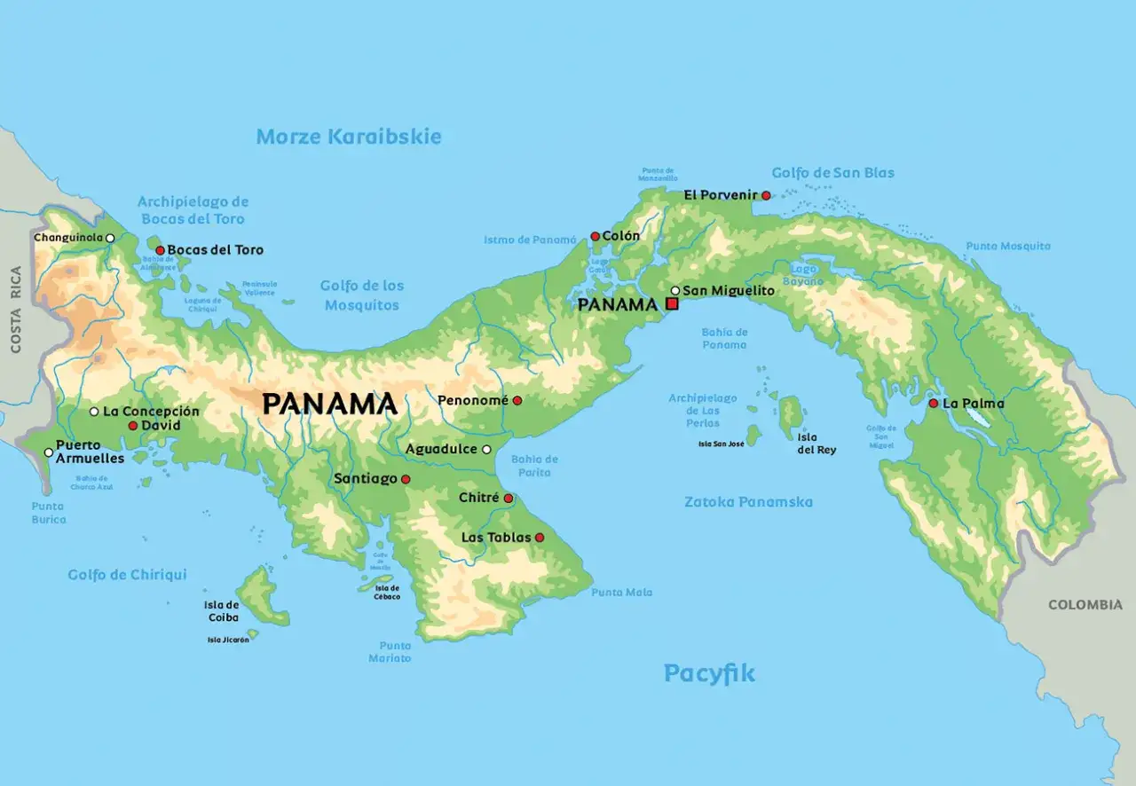Mapa Panamy z sąsiadami i oceanami