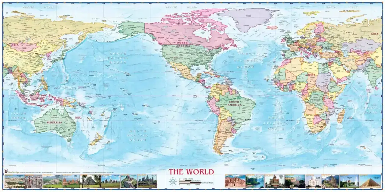 Mapa świata z zaznaczonymi kontynentami i oceanami, w tym Pacyfikiem, Atlantykiem i Oceanem Indyjskim.
