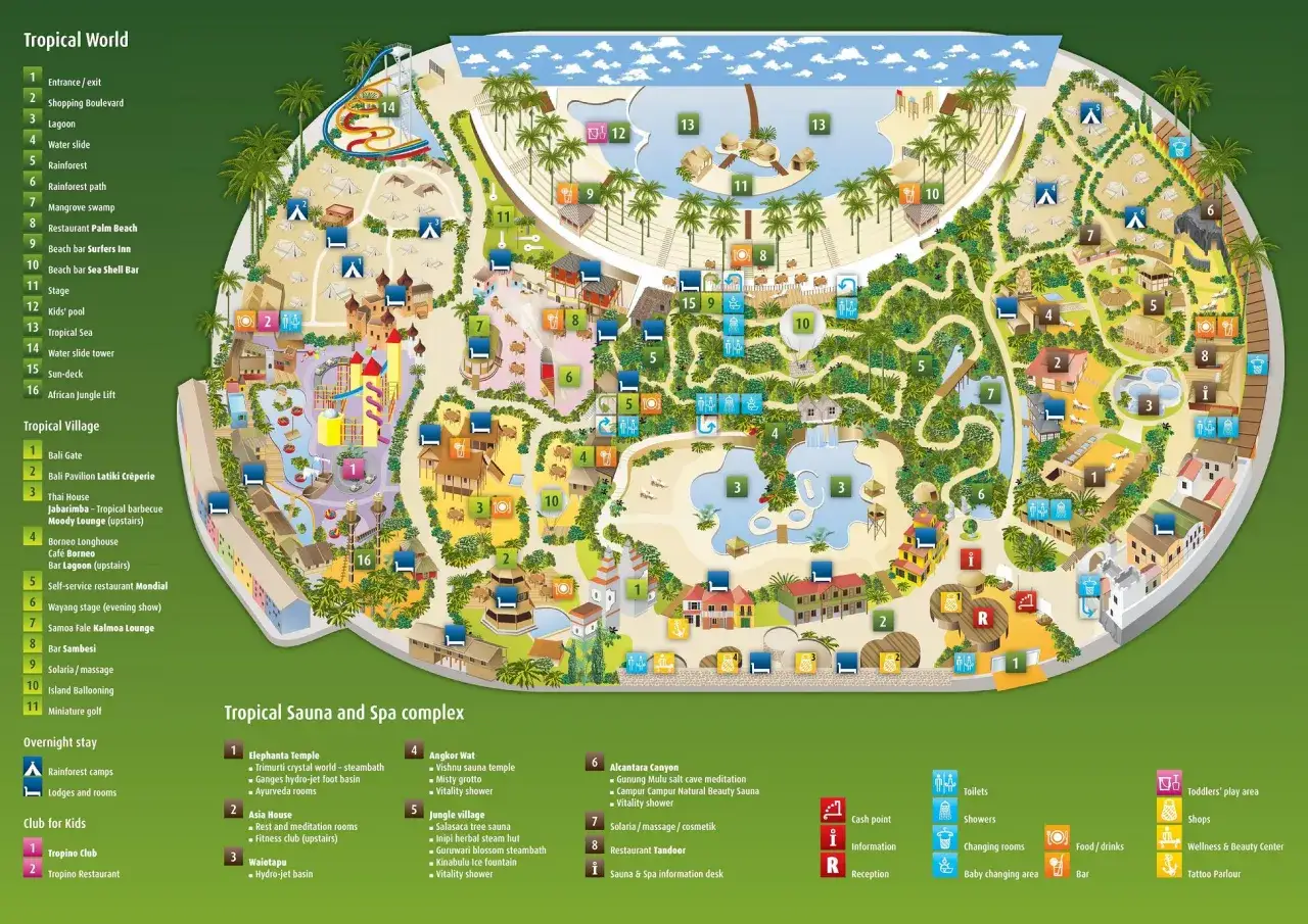 Mapa parku wodnego z atrakcjami: zjeżdżalnie, baseny, restauracje, spa. Idealne miejsce na wakacje, bilety do Tropical Islands czekają!