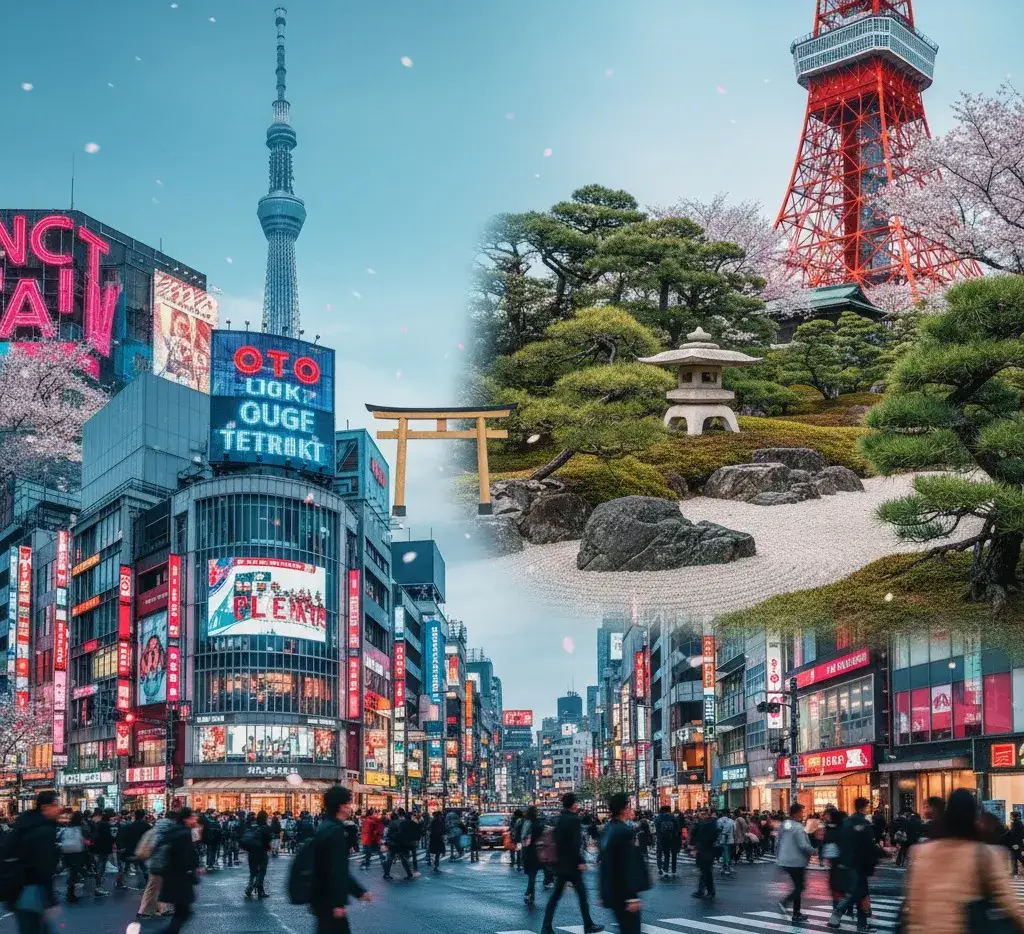 Słynne dzielnice Tokio kolaż Shibuya Shinjuku Asakusa