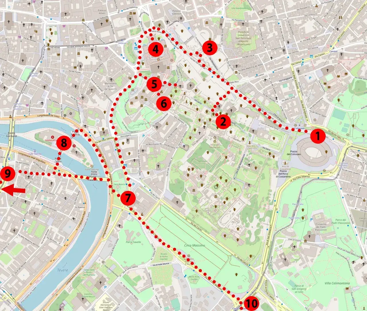 Mapa Rzymu z zaznaczonymi głównymi atrakcjami