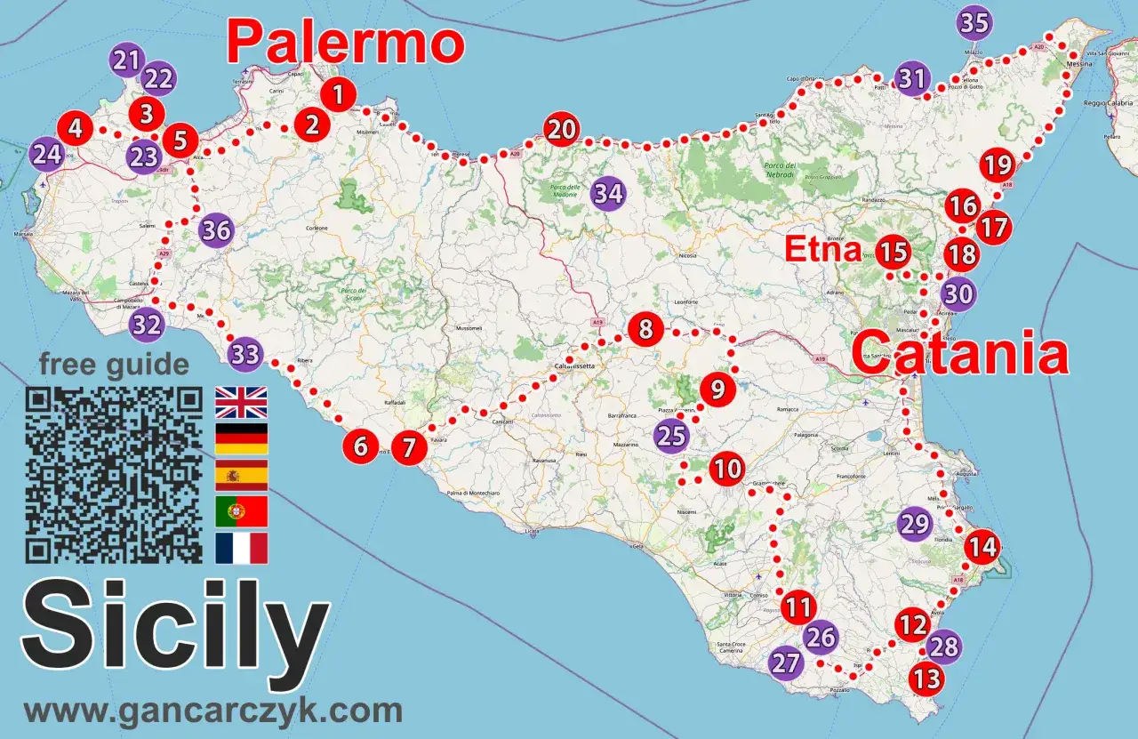 Mapa Sycylii z zaznaczonymi trasami i atrakcjami. Gdzie jest Etna? W okolicach Katanii, oznaczona numerem 15.