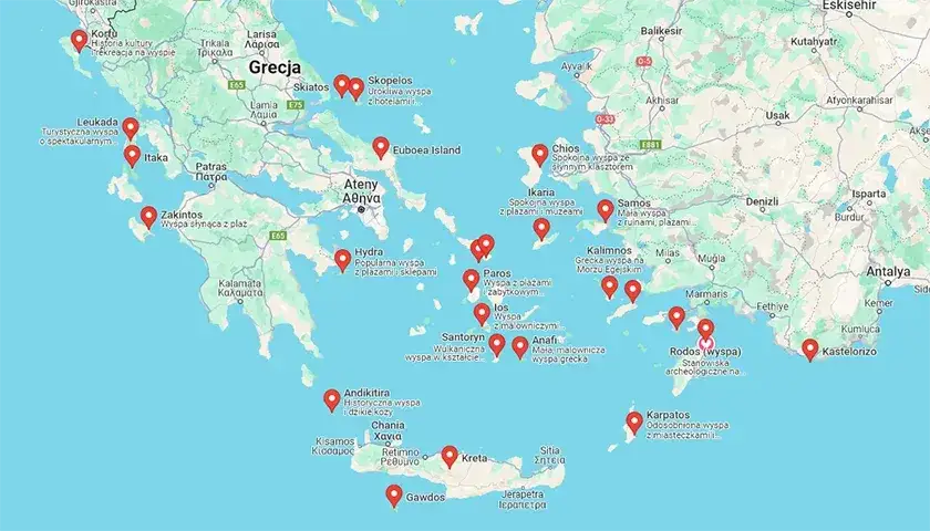 Mapa Grecji z zaznaczonymi popularnymi wyspami