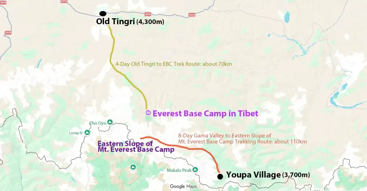 Mapa pokazuje trasy trekkingowe do bazy pod Mount Everest w Tybecie. Zobacz, gdzie jest Mount Everest i jak się tam dostać z Old Tingri lub Youpa Village.