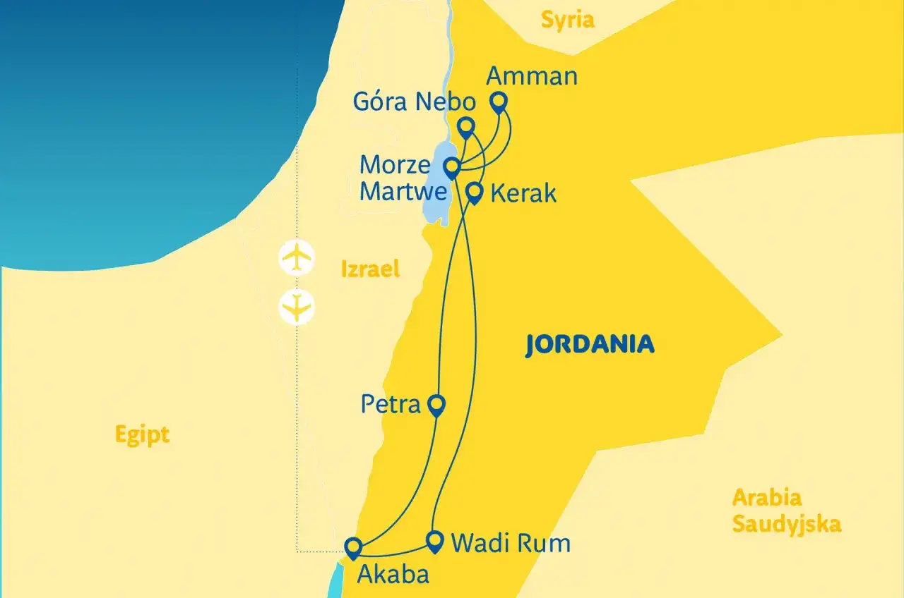 Mapa turystyczna Jordanii z zaznaczonymi miastami: Amman, Kerak, Petra, Wadi Rum, Akaba. Widać też Morze Martwe i Górę Nebo.