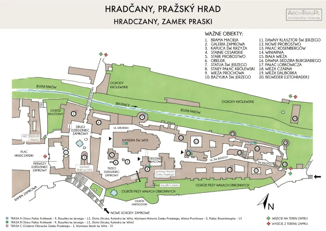 Mapa Hradčan, Praskiego Zamku, z zaznaczonymi trasami zwiedzania i biletami.