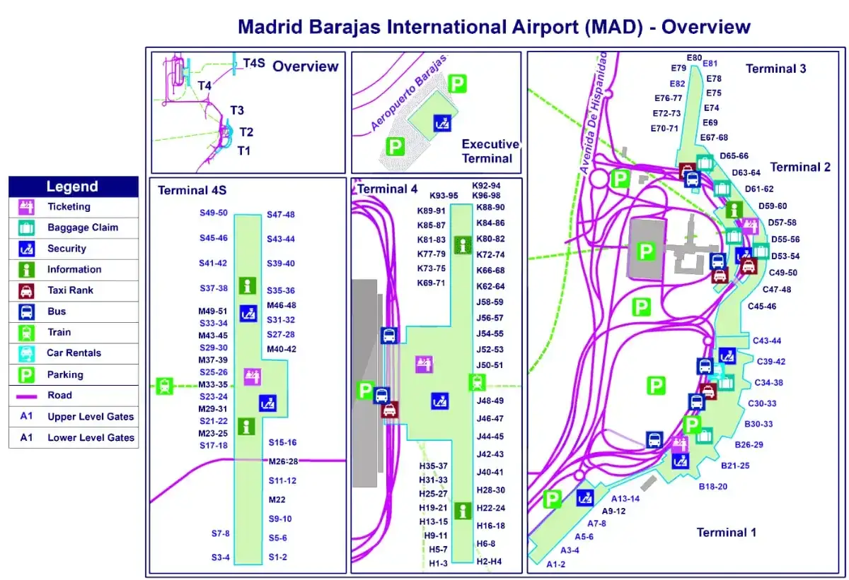 Mapa lotniska Madryt Barajas (MAD) z zaznaczonymi terminalami, parkingami, drogami i punktami usługowymi.