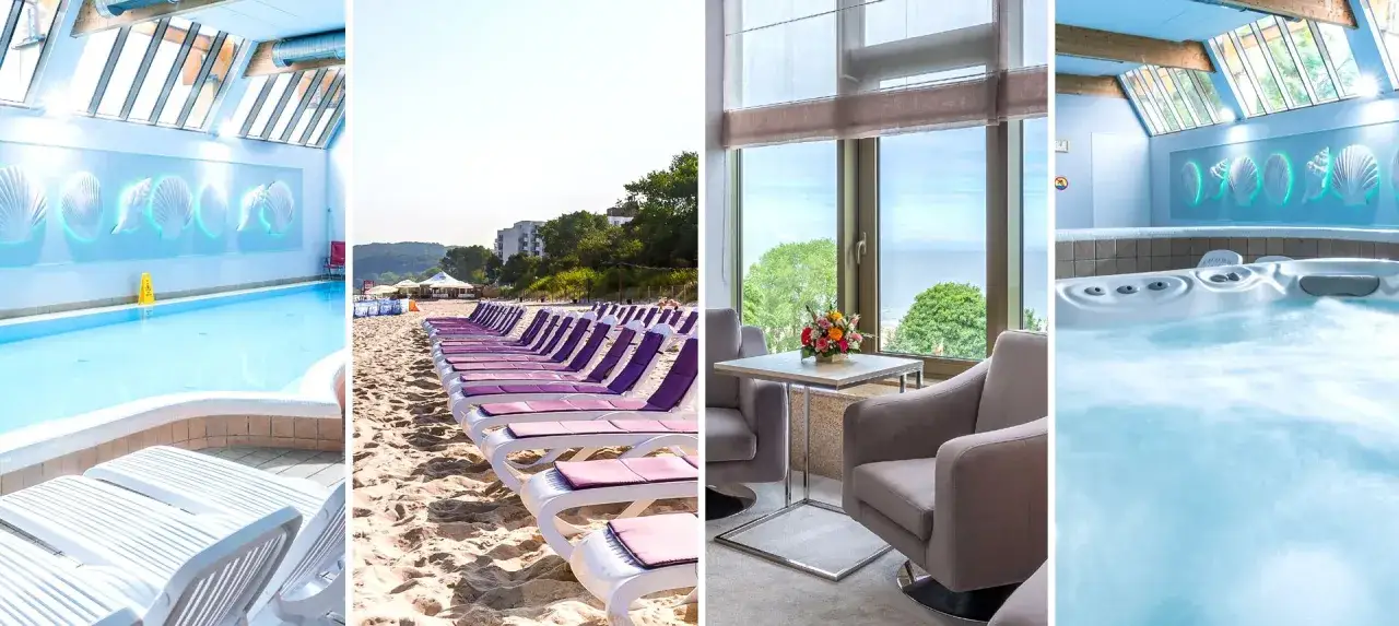 Relaks w hotelu 5 gwiazdkowym nad morzem: basen, plaża z leżakami, widok na morze z salonu i jacuzzi.