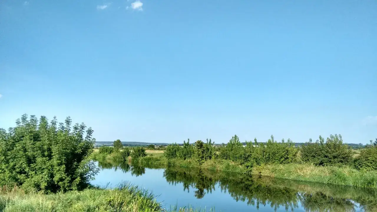 Spokojna rzeka odbija zieleń drzew i błękit nieba. Idealne miejsce na relaks i odkrywanie ponidzie atrakcji.