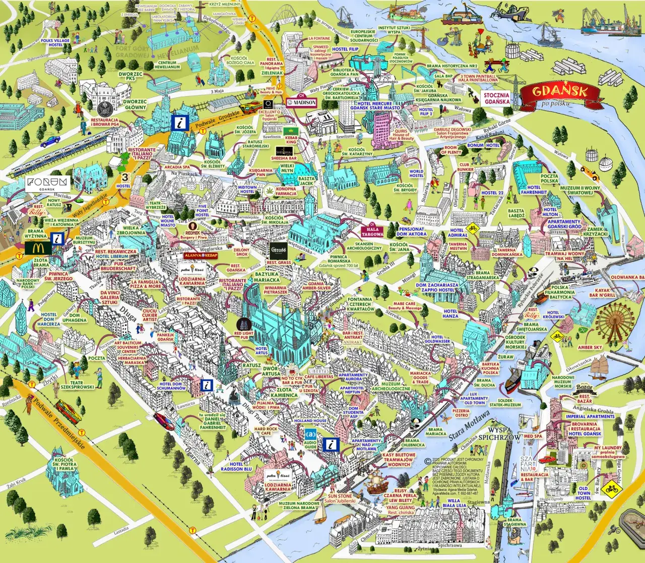Mapa Gdańska z zaznaczonymi dzielnicami turystycznymi