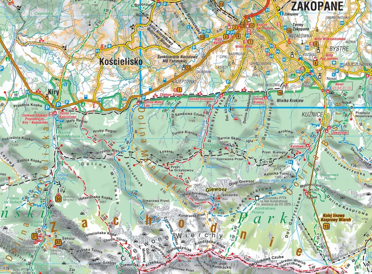 Mapa Zakopanego z zaznaczonymi dzielnicami i atrakcjami