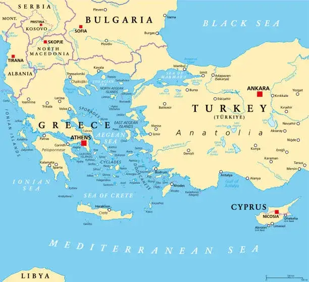 Mapa Morza Egejskiego z zaznaczeniem Grecji i Turcji