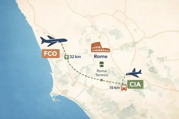 Mapa pokazuje lotnisko Fiumicino (FCO) 32 km od Rzymu, z Koloseum i dworcem Roma Termini, oraz lotnisko Ciampino (CIA) 15 km od dworca.