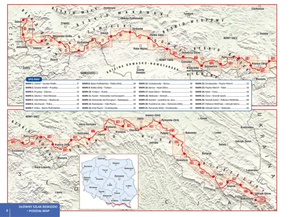 Mapa szlaku Głównego Szlaku Beskidzkiego z zaznaczonymi odcinkami i miejscowościami.