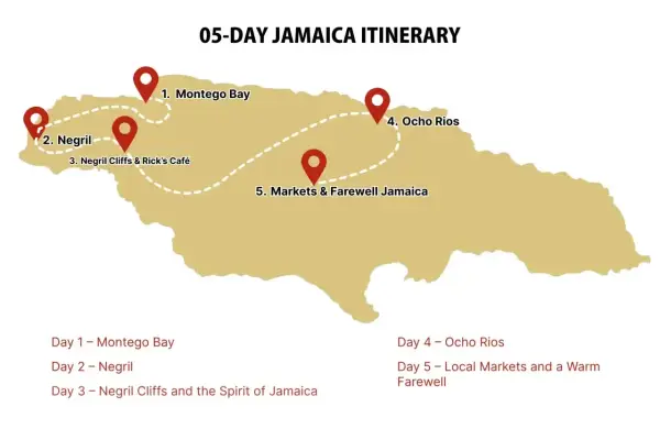 Mapa Jamajki z trasą 5-dniową: Montego Bay, Negril, Ocho Rios. Poznaj, gdzie leży Jamajka i jej atrakcje.
