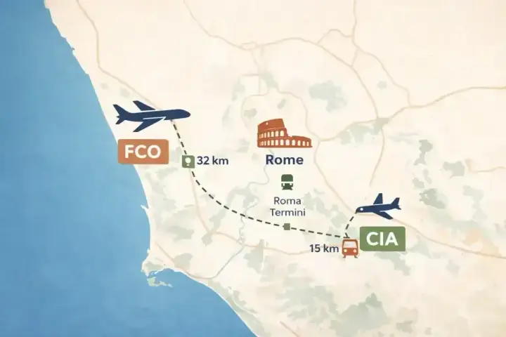 Mapa pokazuje lotnisko Fiumicino (FCO) 32 km od Rzymu, z Koloseum i dworcem Roma Termini, oraz lotnisko Ciampino (CIA) 15 km od dworca.