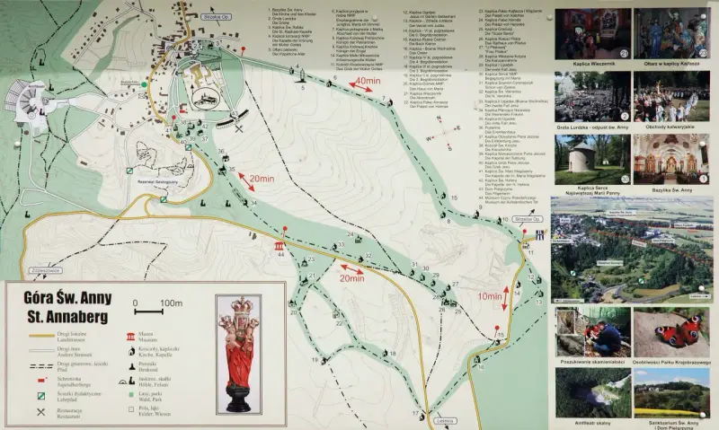 Mapa turystyczna Góry Świętej Anny z zaznaczonymi szlakami, kaplicami i zabytkami.